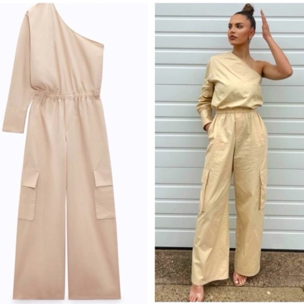 ZARA Cargo Jumpsuit full length one shoulder cream color size M